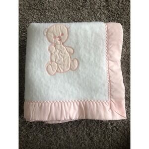 Vintage 60s 70s Chatham Pink Baby Blanket Satin Trim Bear Acrylic 36X48 Made USA